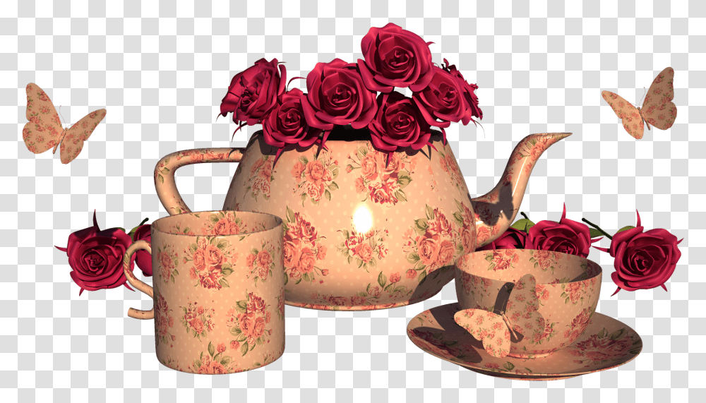 Vintage Rose Teacup Clipart Garden Roses, Pottery, Teapot, Plant, Saucer Transparent Png
