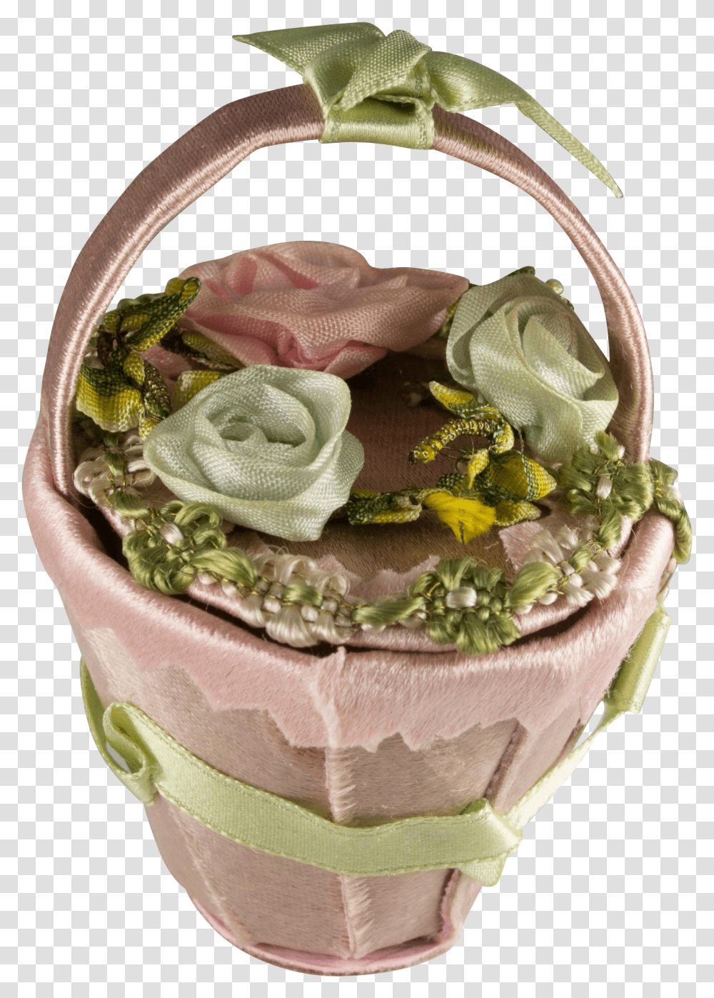 Vintage Silk Ribbon Doll S Flower Basket Or Purse For Garden Roses, Birthday Cake, Dessert, Food Transparent Png