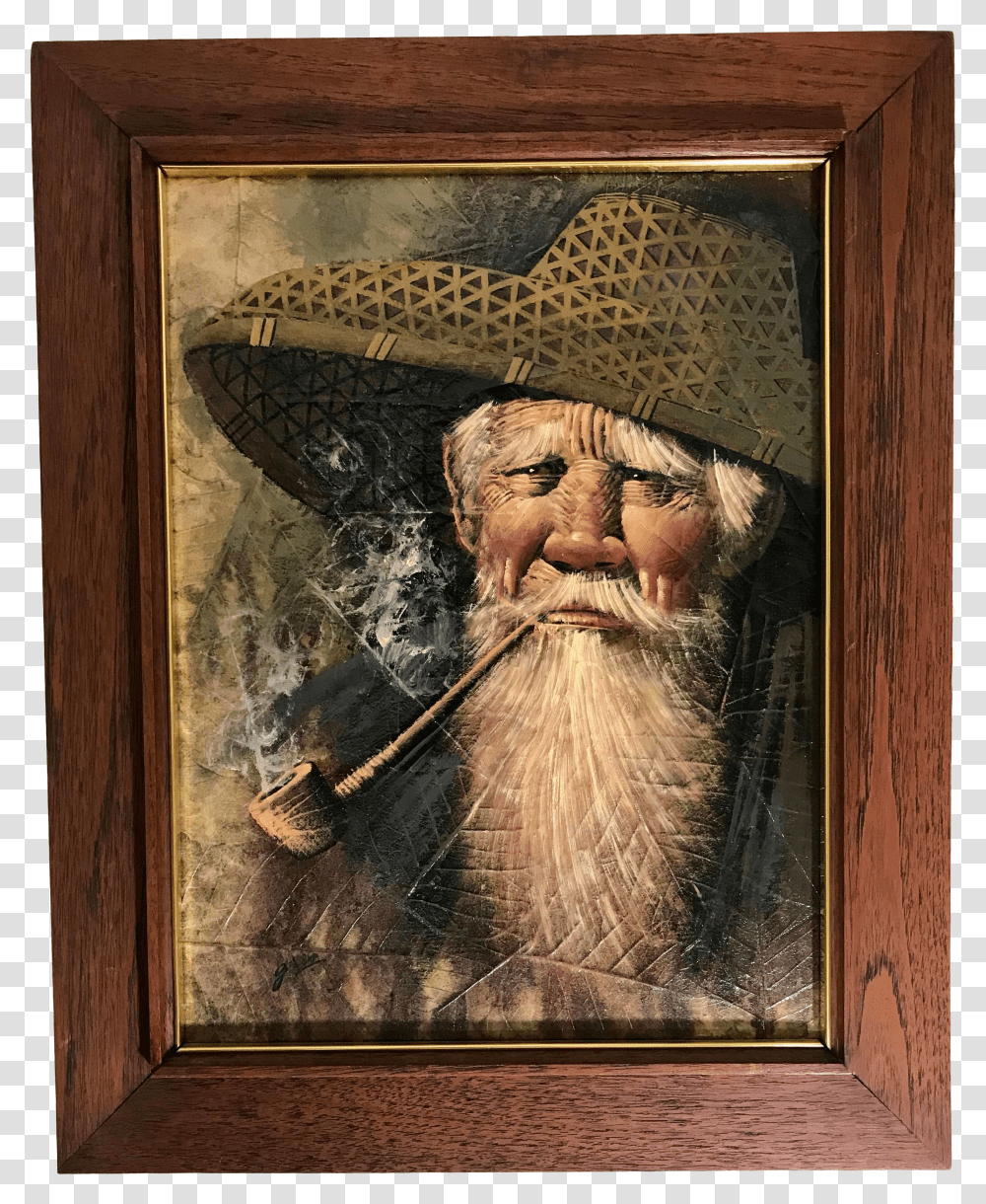 Vintage Thailand Oil Painting Of Man In Rice Paddy Hat Smoking A Pipe Transparent Png