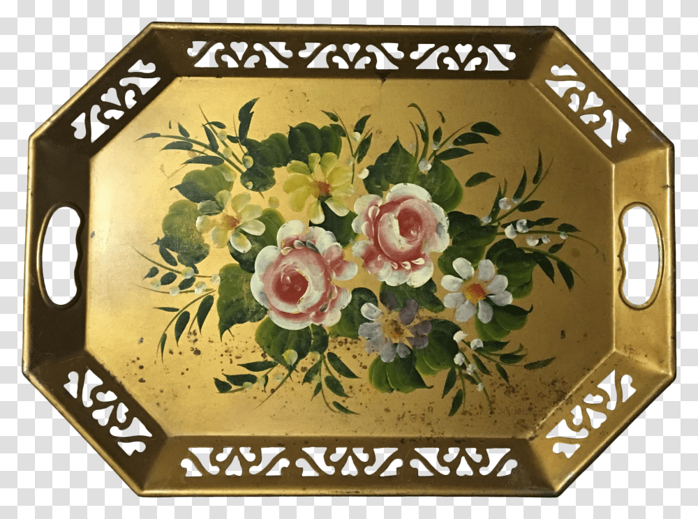 Vintage Tole Ware Gold Hand Painted Flowers Pierced Lattice Edge Tray Garden Roses Transparent Png