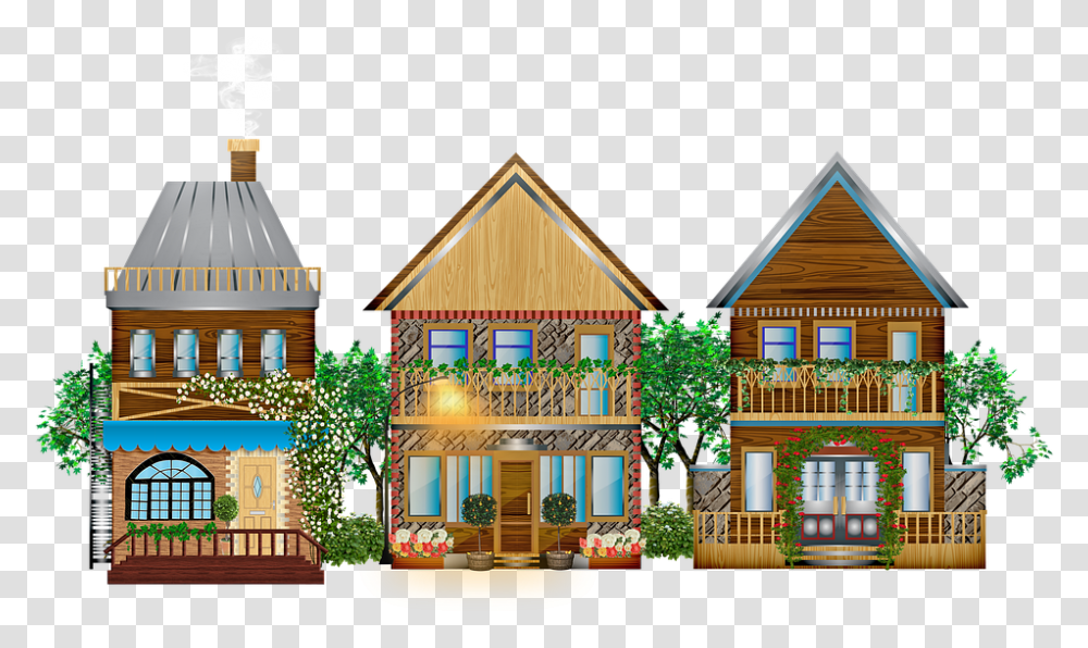 Vintage Town Wood Buildings Trees Balcony House, Plant, Neighborhood, Urban, Housing Transparent Png