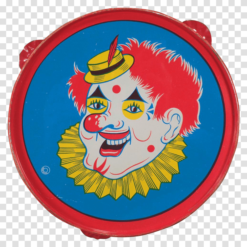 Vintage Toy Tambourine Funny Clown With Red Hair Clown, Label, Text, Dish, Meal Transparent Png