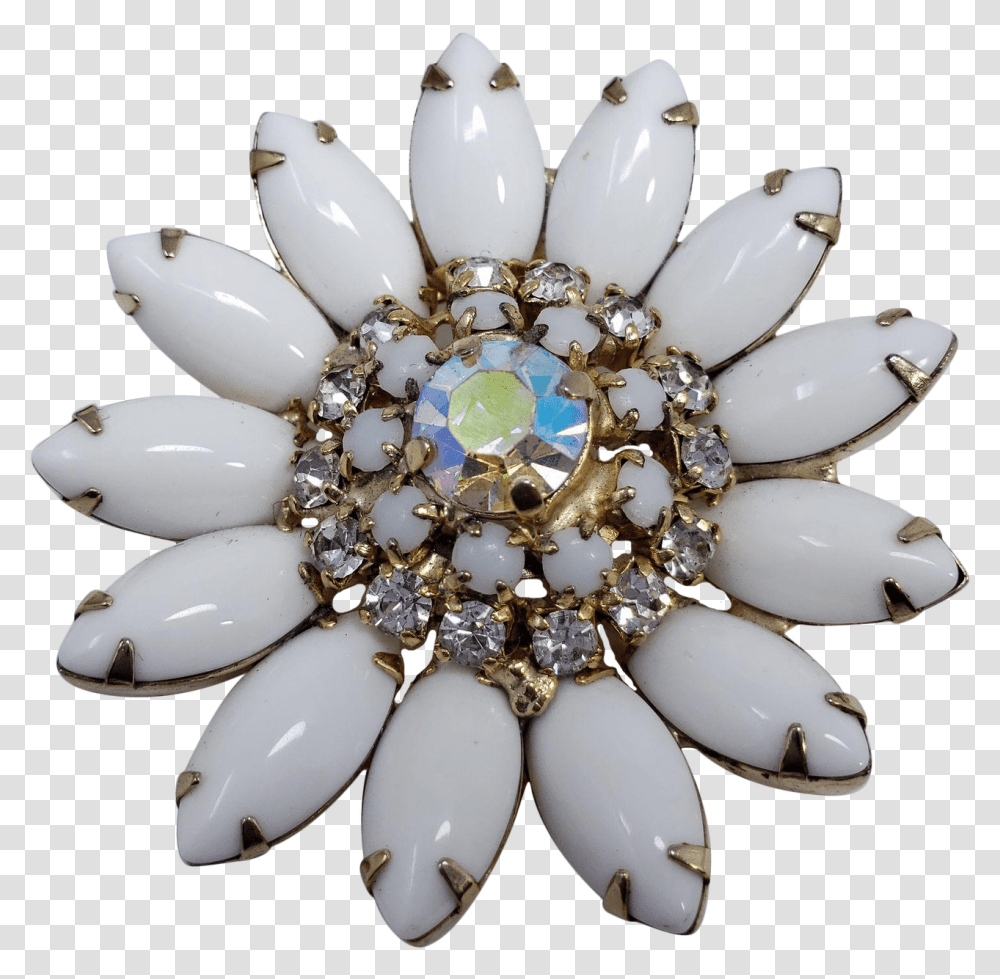 Vintage Unsigned White Milk Glass Rhinestone Flower Pin Brooch Crystal, Accessories, Accessory, Jewelry, Gemstone Transparent Png