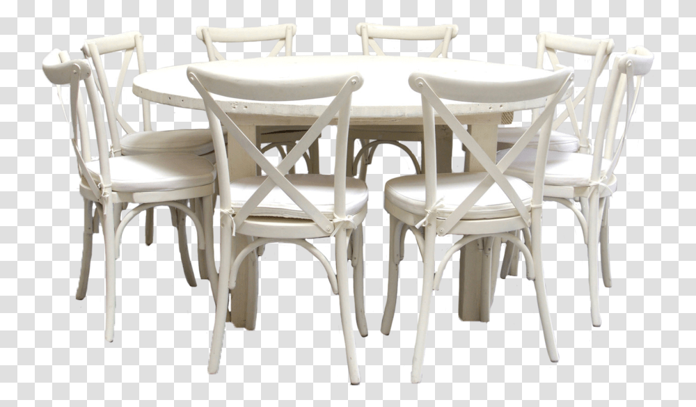 Vintage White Round Farm Table With 8 Cross Back Chairs Chair, Furniture, Dining Table, Tabletop, Dining Room Transparent Png