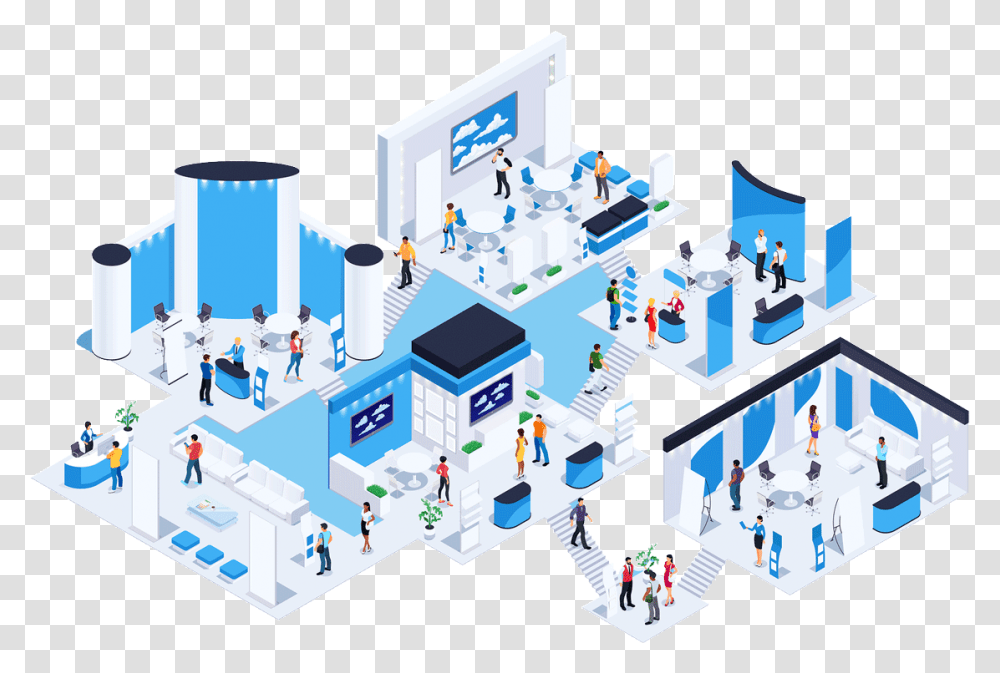 Virtual Events Platform Hybrid Isometric Exhibition Space, Person, Building, Factory, Network Transparent Png