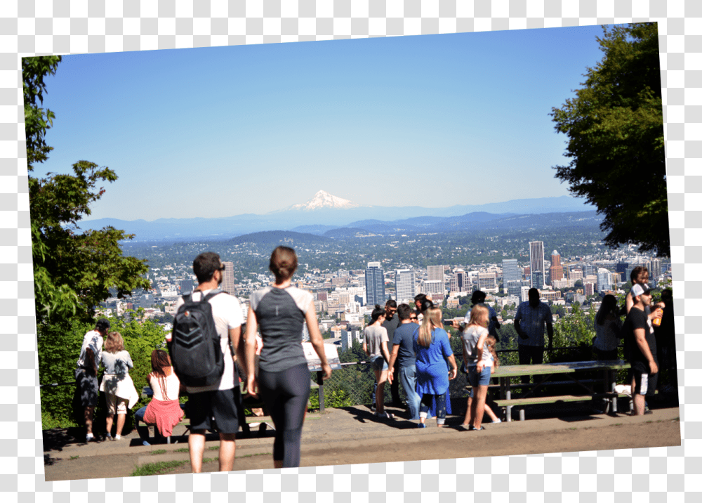 Visitors At Viewpoint Portland Skyline From Pittock Mansion, Person, Shorts, Outdoors Transparent Png