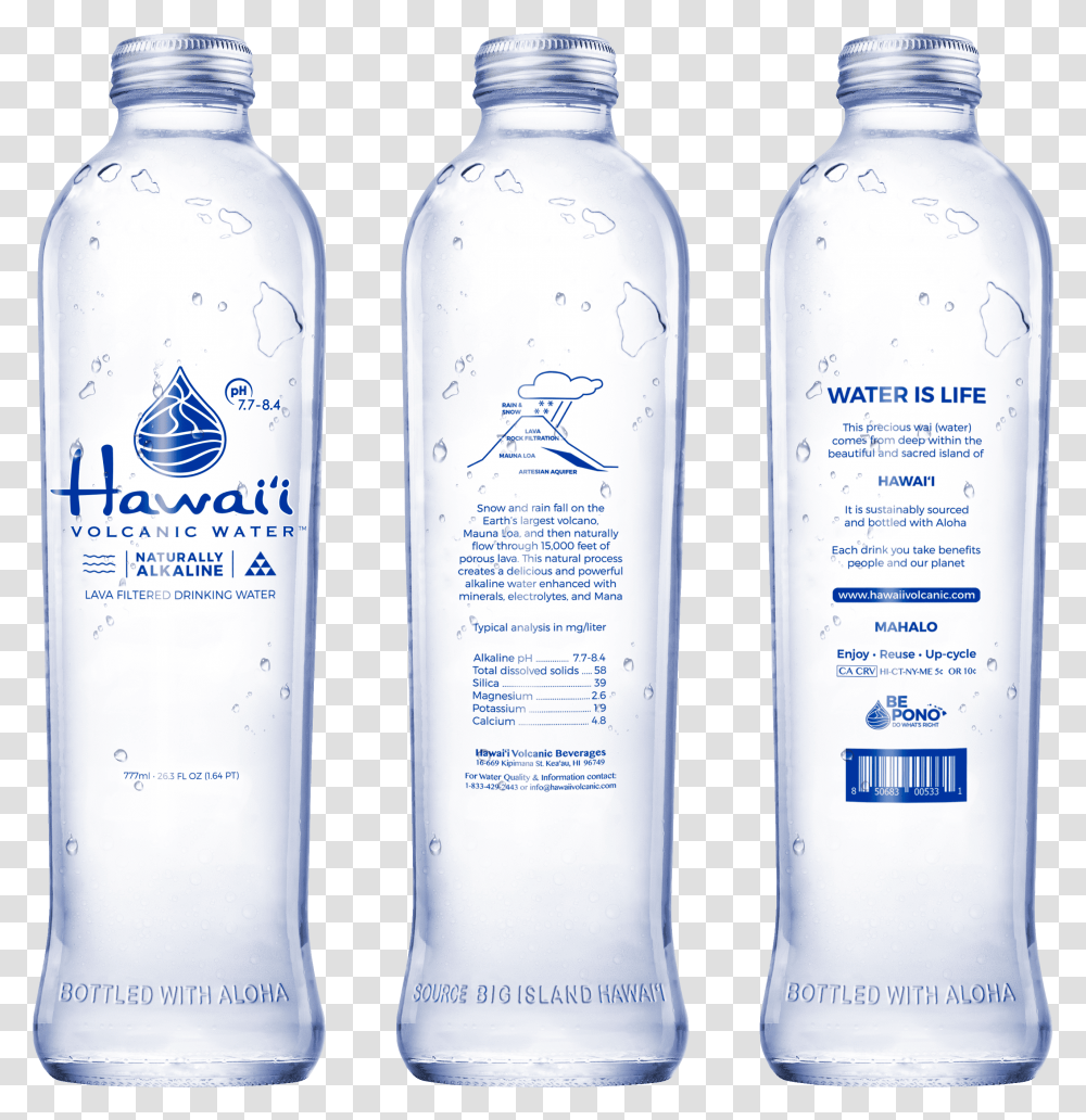 Volcanic Hawaiian Spring Water Glass Still 777ml Plastic Bottle, Water Bottle, Mineral Water, Beverage, Drink Transparent Png
