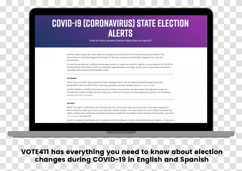 Voter Ed New Bilingual Resource For Covid 19 Election Computer, Electronics, Text, Screen, Monitor Transparent Png