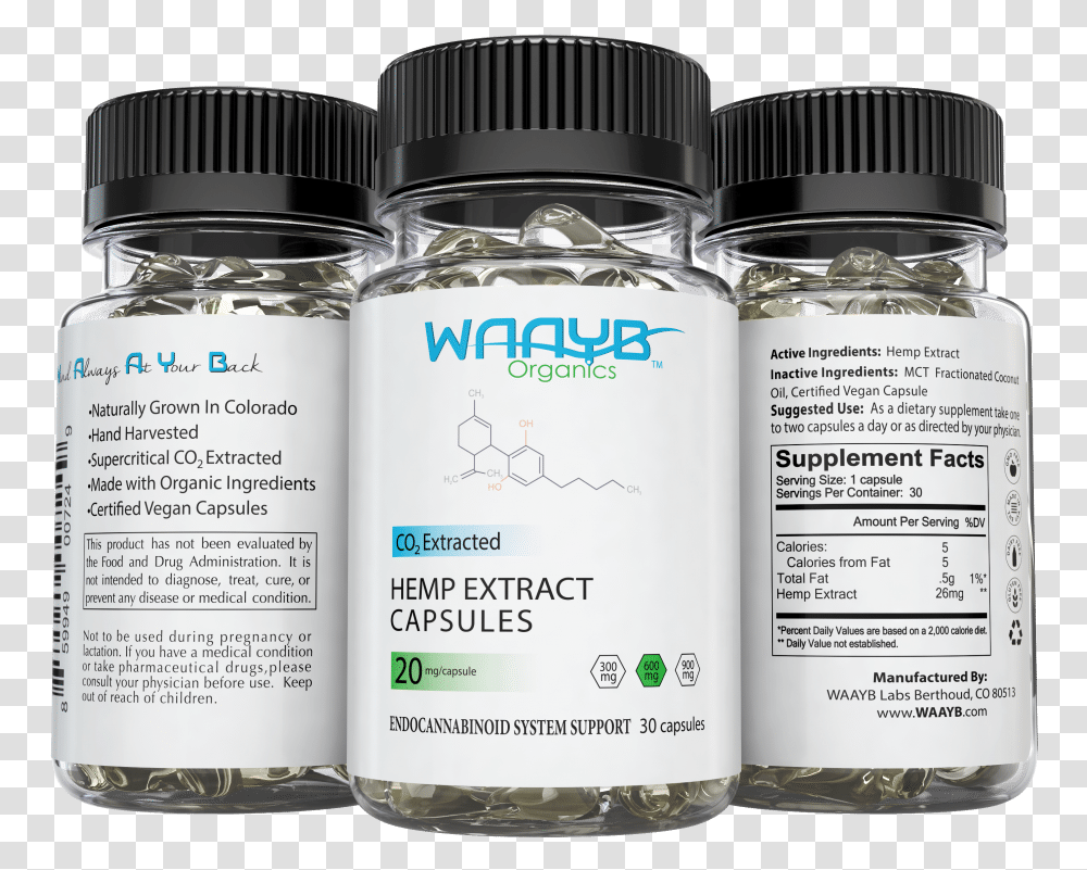 Waayb Organics Capsules 600mg 3sides Waayb Llc, Jar, Label, Menu Transparent Png