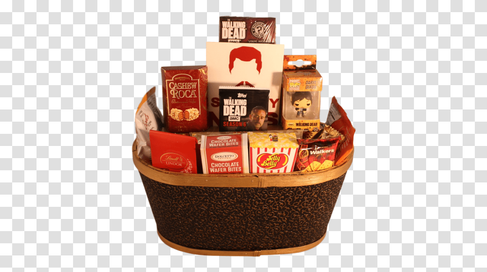 Walking Dead Gift Baskets Gift Basket, Box, Food, Sweets, Person Transparent Png