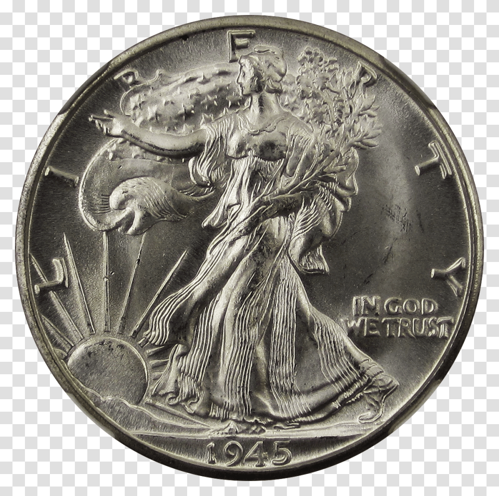 Walking Liberty Half Dollar 1945d Obverse Walking Liberty Half Dollar, Coin, Money, Dime, Nickel Transparent Png