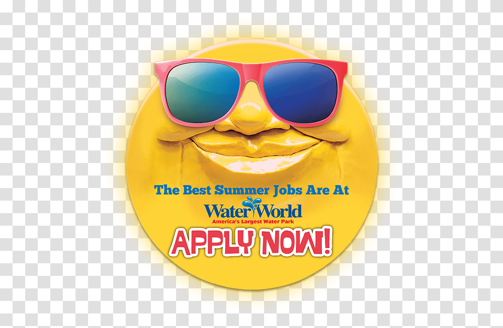 Water World Sun Face Logo Summer Jobs Apply Button Water World, Sunglasses, Label, Goggles Transparent Png