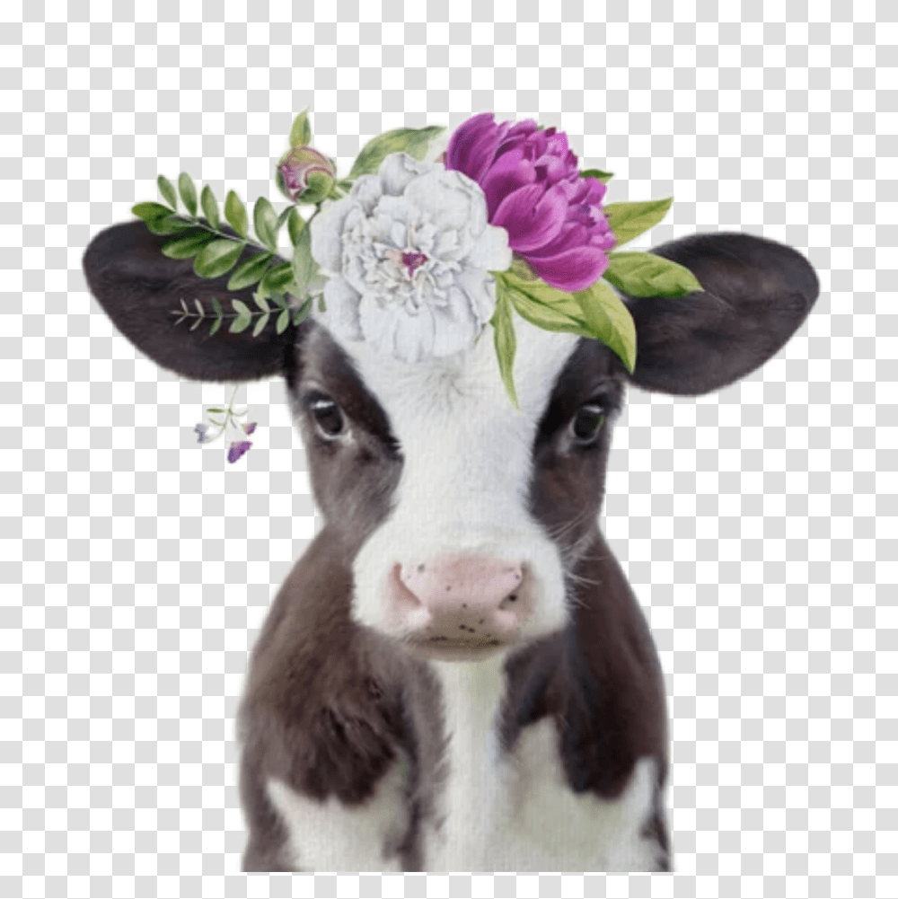 Watercolor Baby Cow With Flower Crown, Cattle, Mammal, Animal, Calf Transparent Png