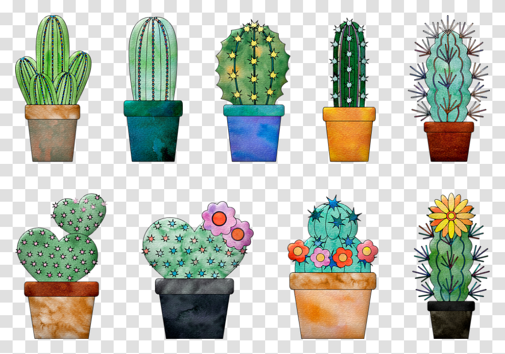 Watercolor Cactus In Pots, Plant Transparent Png