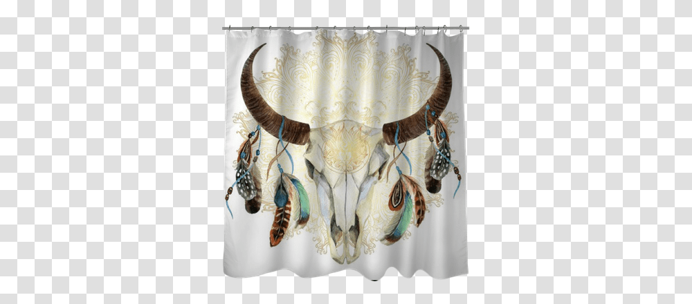 Watercolor Cow Skull With Feathers Shower Curtain • Animal Tete De Buffle Fleurs, Painting, Art Transparent Png