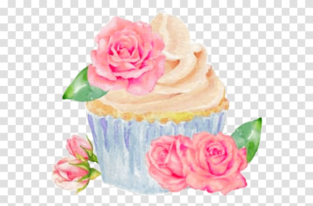 Watercolor Cupcake Roses Leaves Sticker By Stephanie Cupcake With Flowers Watercolor, Cream, Dessert, Food, Creme Transparent Png