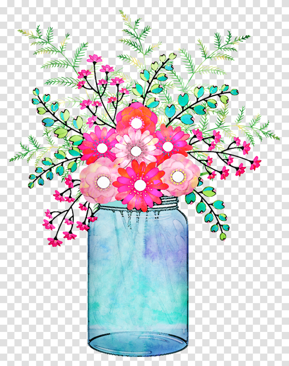 Watercolor Floral Vase Mason Jar Pink Flowers In A Small Jar Clipart, Graphics, Floral Design, Pattern, Plant Transparent Png