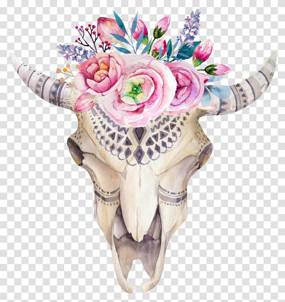 Watercolor Flower Skull Boho Clipart Of Cow Skull With Flowers Transparent Png