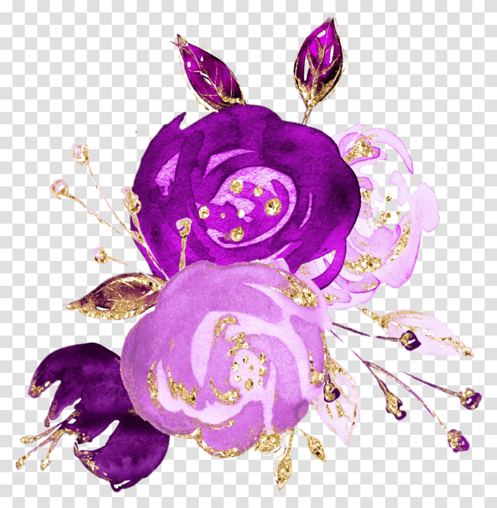 Watercolor Flowers Bouquet Bunch Purple Plum Gold Gold Purple Flowers Transparent Png