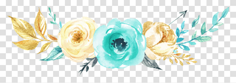 Watercolor Flowers Mint Teal Gold Silver Grey Gold And Silver Flower, Sweets, Food, Rose, Cream Transparent Png