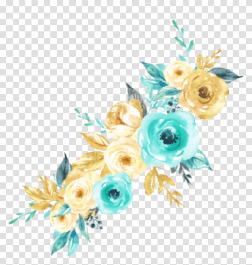 Watercolor Flowers Mint Teal Turquoise Aqua Gold, Floral Design, Pattern Transparent Png