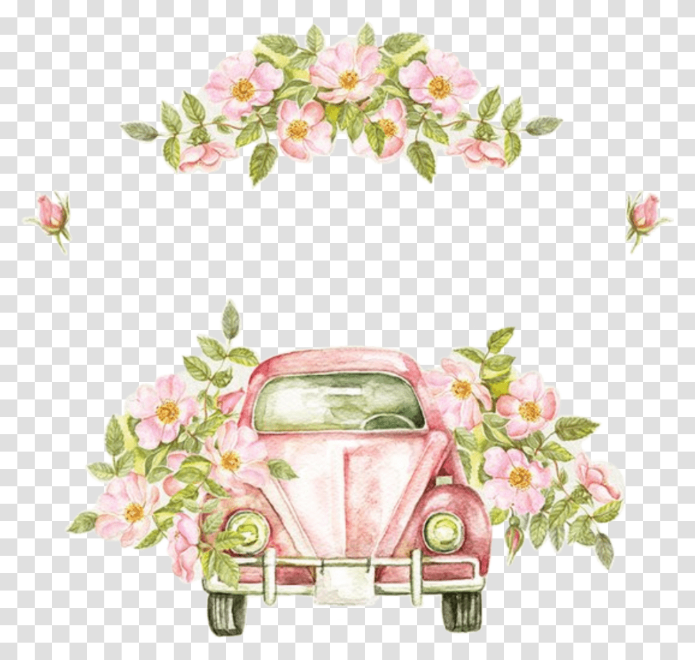 Watercolor Handpainted Volkswagenbus Vwbeetle Flowers Vintage Wedding Car Clipart, Floral Design, Pattern, Plant Transparent Png