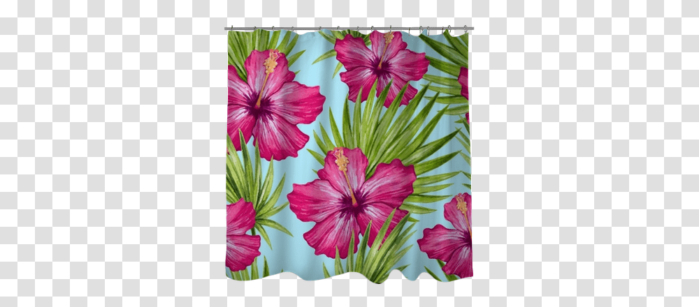 Watercolor Hibiscus Flower And Palm Leaves Seamless Malva, Plant, Anther, Blossom, Petal Transparent Png