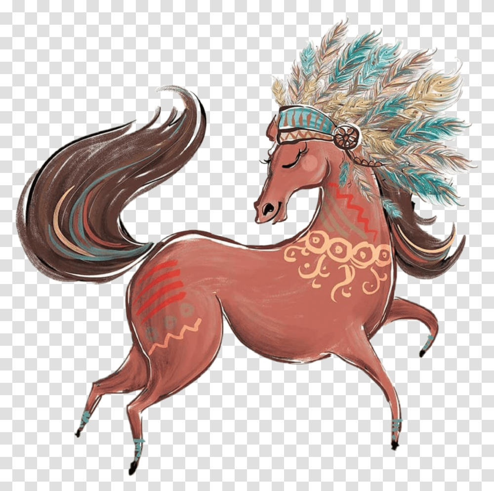 Watercolor Horse Boho Indian Woodland Feathers, Mammal, Animal, Figurine, Dragon Transparent Png