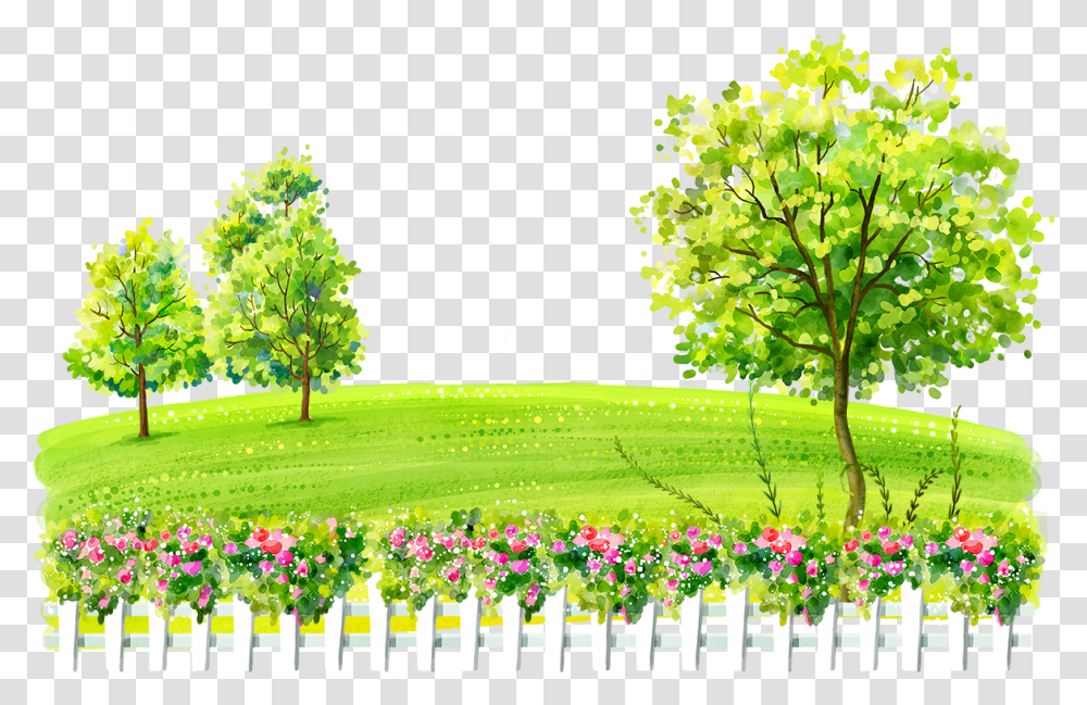 Watercolor Landscape Yard Hill Grass Fence Trees Sunny Day Biking Cartoons, Plant, Picket, Outdoors, Flower Transparent Png