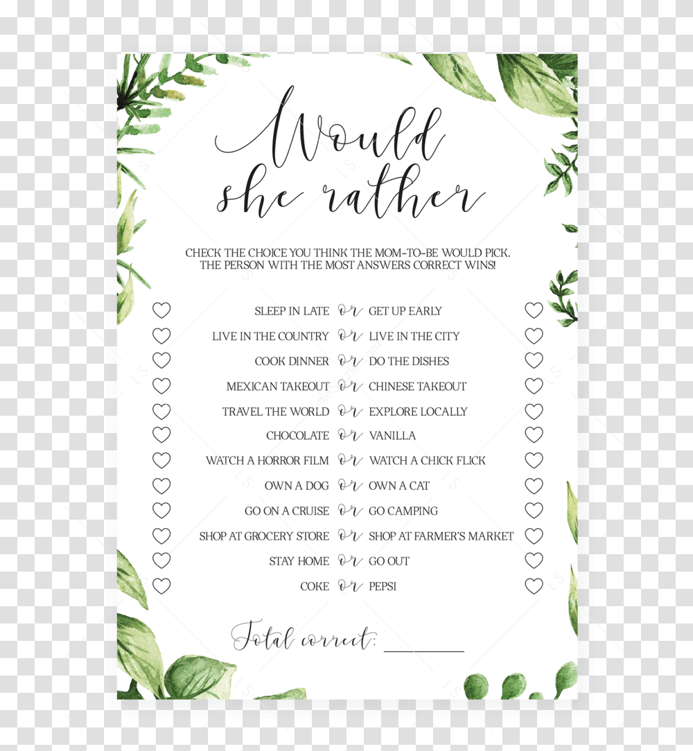 Watercolor Leaves Baby Shower Game Would She Rather Printable, Flyer, Poster, Paper, Advertisement Transparent Png