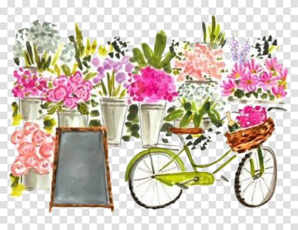 Watercolor Market Bike Bicycle Chalkboard Spring Prints Evelyn Henson Background, Plant, Flower, Blossom, Flower Arrangement Transparent Png