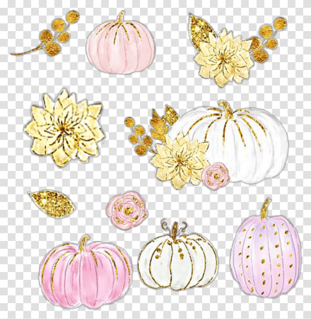 Watercolor Pumpkins Pumpkin Flowers Leaves Gold Pumpkin, Plant, Accessories, Pattern, Brooch Transparent Png