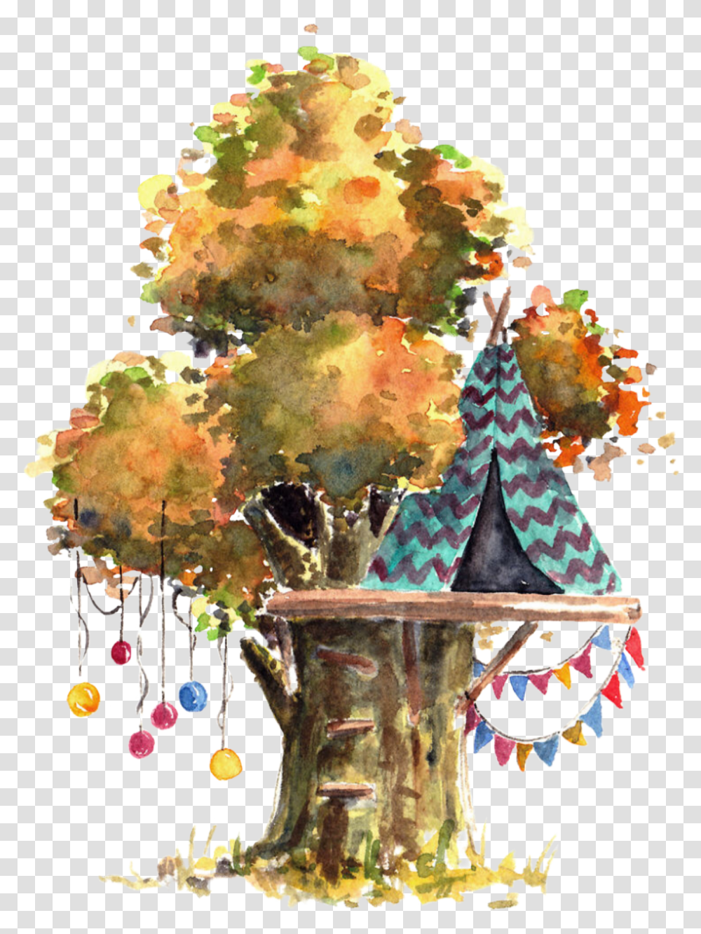 Watercolor Treehouse Teepee Balloons Tree Leaves Treehouse Watercolor, Pattern, Ornament Transparent Png
