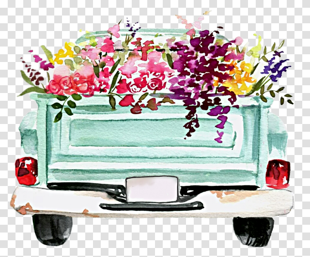 Watercolor Truck Flowers Vintage Classic Retro Let's Make Art Floral Truck, Bumper, Vehicle, Transportation, Birthday Cake Transparent Png