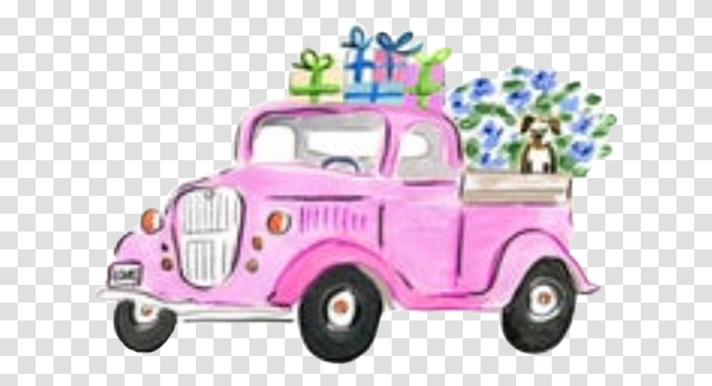 Watercolor Truck Pink Christmastruck Gifts Presents Watercolor Car With Flowers, Vehicle, Transportation, Person, Human Transparent Png