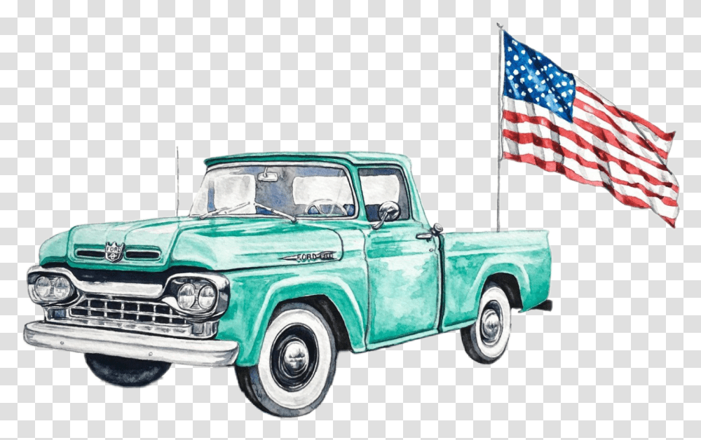 Watercolor Truck Teal Ford Pickup Antique Retro Antique Truck Water Color, Flag, Vehicle, Transportation Transparent Png