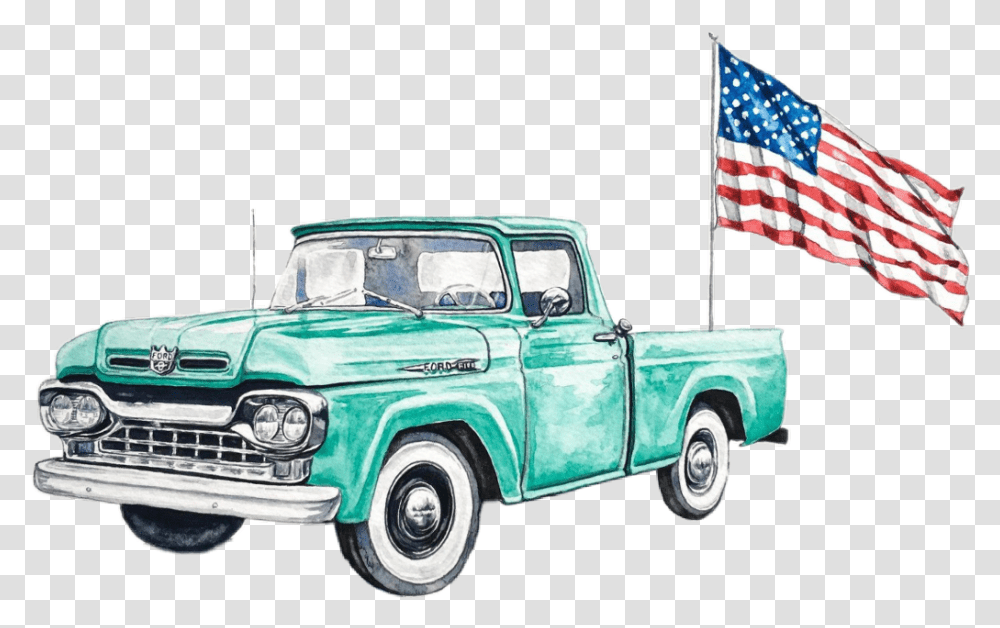 Watercolor Truck Teal Ford Pickup Antique Retro Ford Truck American Flag, Vehicle Transparent Png