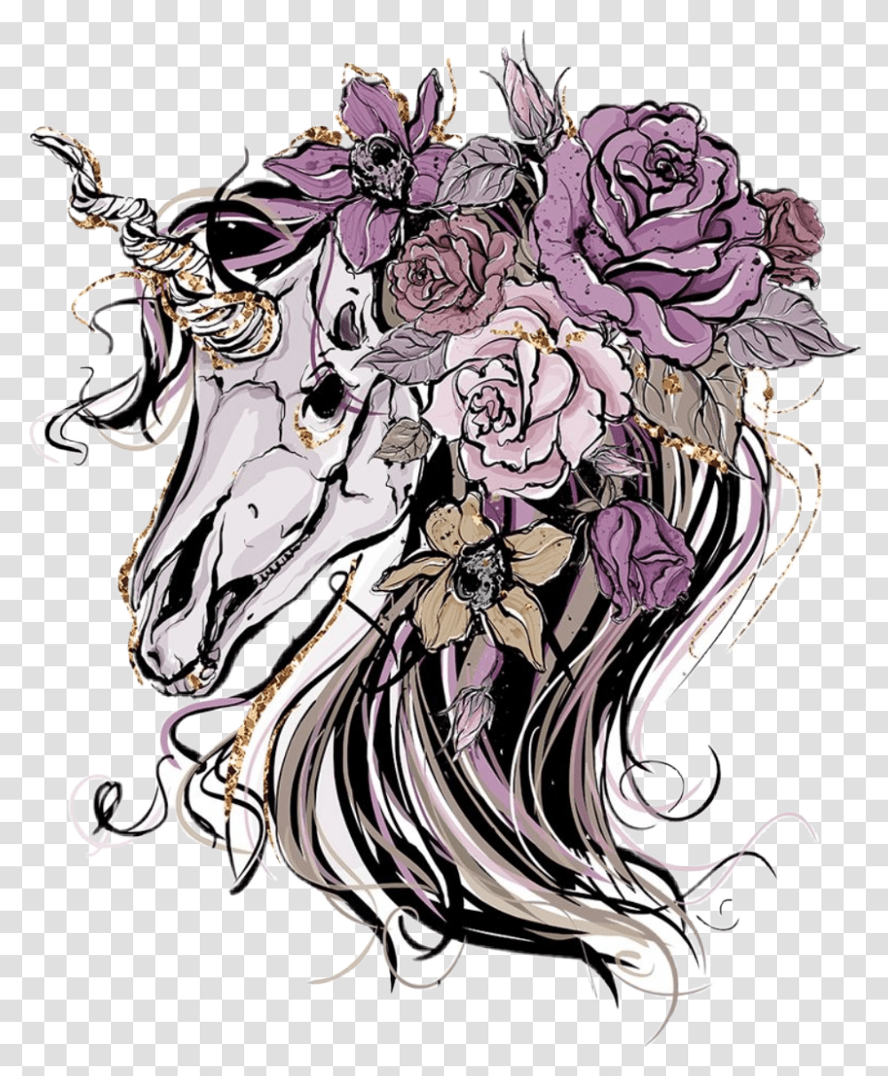 Watercolor Unicorn Skull Longhair Rock Punk Grunge Gothic Unicorn Clipart, Floral Design, Pattern, Plant Transparent Png