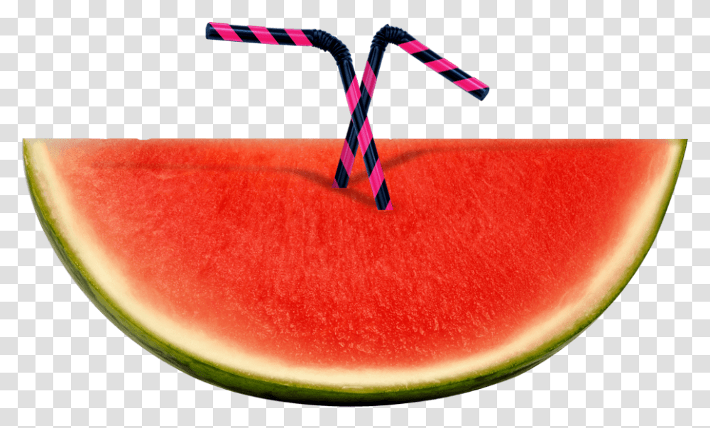 Watermelon With Straws Watermelon, Plant, Fruit, Food Transparent Png