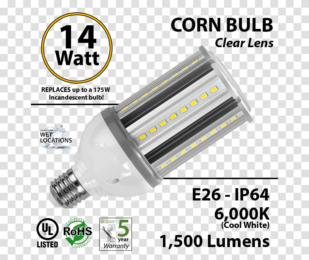 Watt Led Corn Bulb Lamp Light 6000k E26 Incandescent 2 Ft Led Tube Light, Lightbulb, Spotlight, Lighting Transparent Png