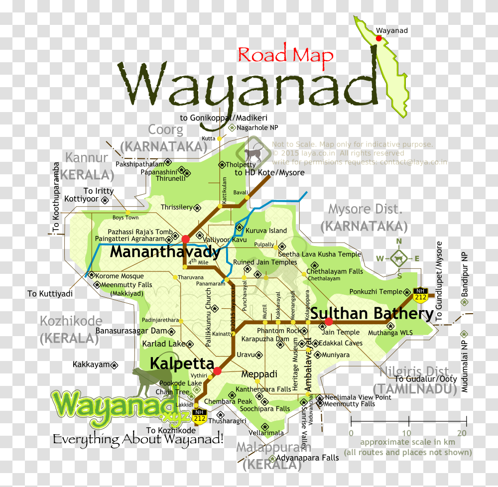 Wayanad District Road Map For The Main Tourist Circuits Wayanad Tourist Places Map, Diagram, Plot, Atlas, Vegetation Transparent Png