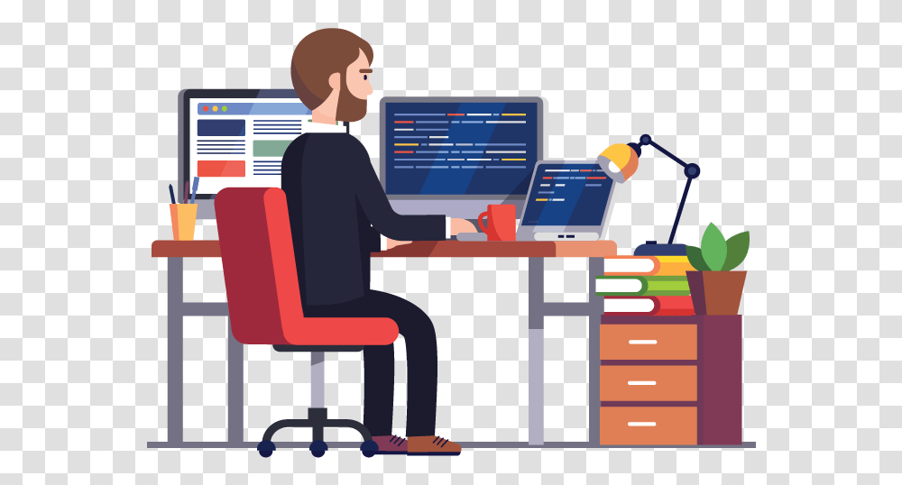 Web Design And Development Computer Science Engineering Cartoon, Standing, Person, Furniture, Electronics Transparent Png