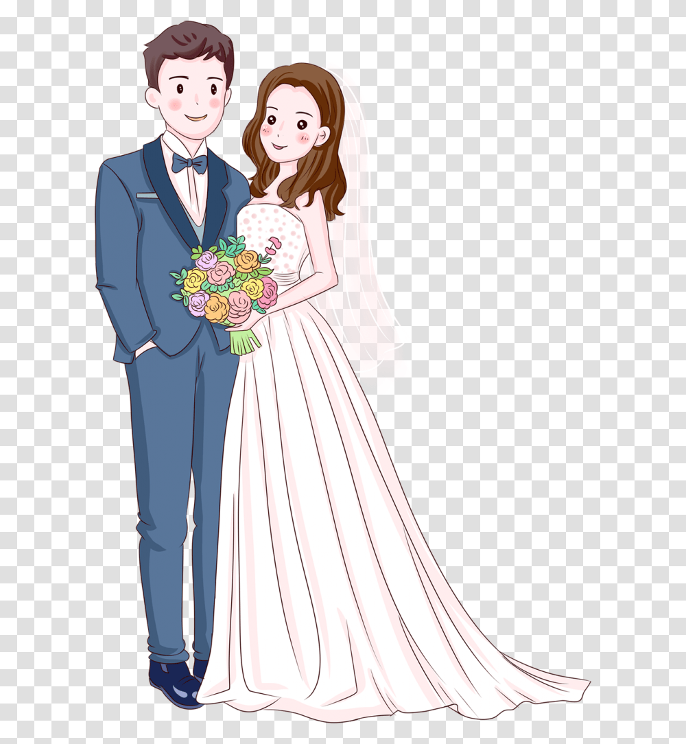 Wedding Bride And Groom Cartoon, Person, Wedding Gown, Robe Transparent Png