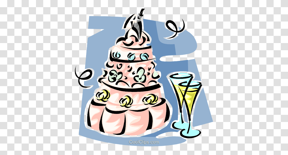 Wedding Cake With Champagne Glasses Royalty Free Vector Clip Art, Dessert, Food, Birthday Cake, Cream Transparent Png