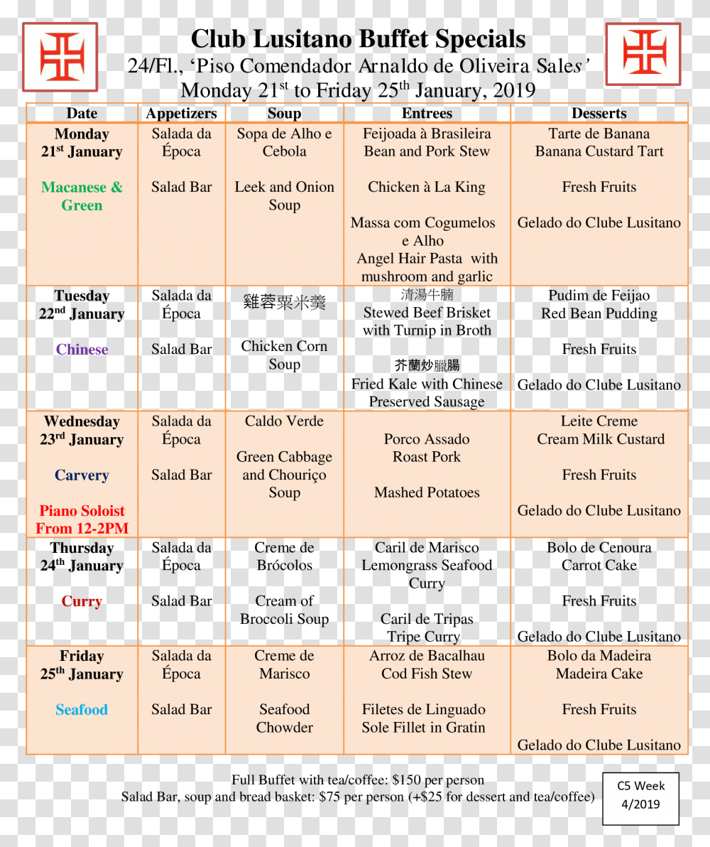 Week 4c5buffetmenu2125jan2019 Club Lusitano Screenshot, Text, Number, Symbol, Plot Transparent Png