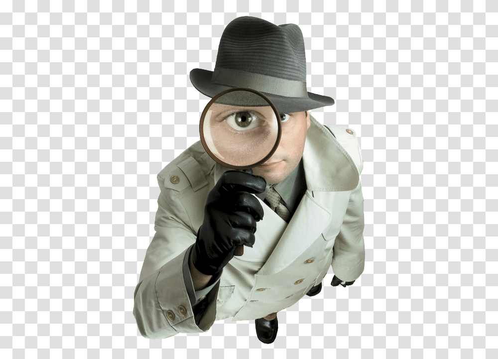 Welcome To Indian Lady Detective Man With Magnifying Glass, Apparel, Person, Hat Transparent Png
