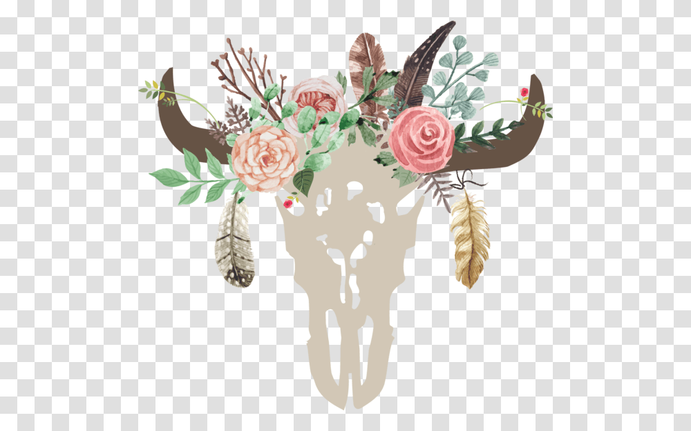 Western Clip Art Bull Skull With Flowers, Plant, Blossom, Floral Design Transparent Png