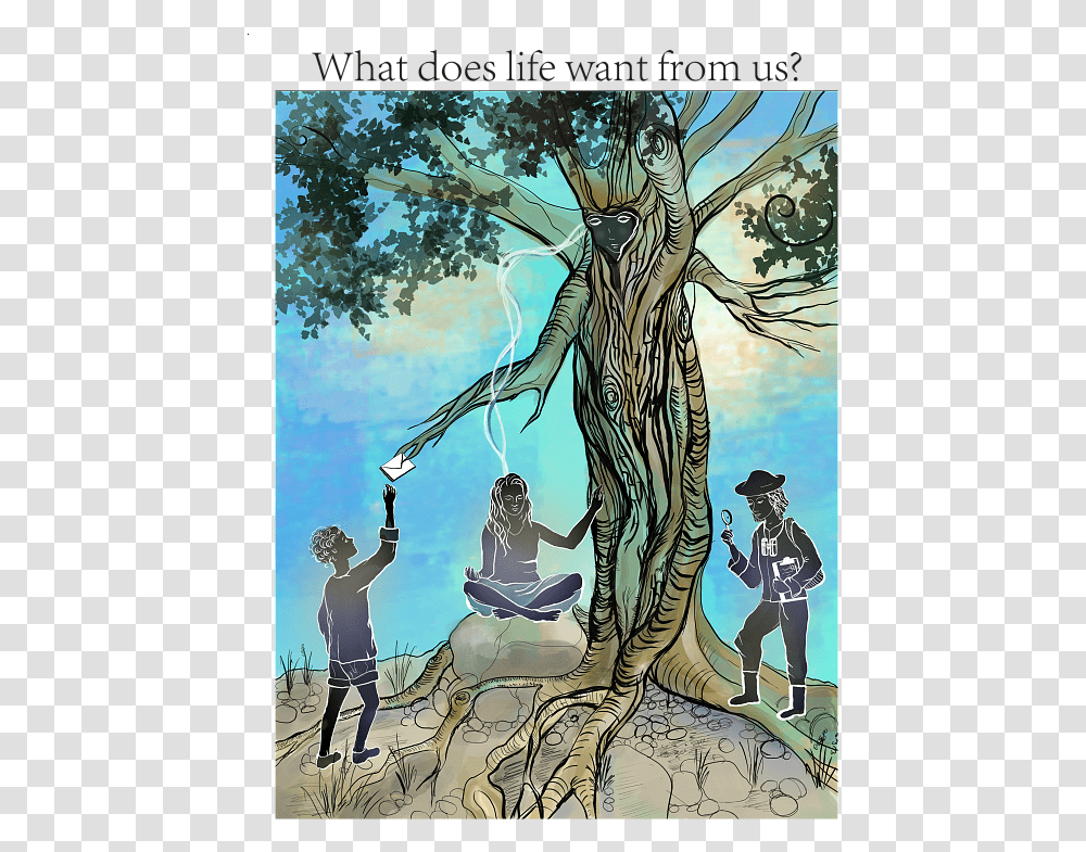 What Does Life Want From Us By Sofia Jain Schlaepfer Cartoon, Person, Poster, Advertisement, Tree Transparent Png