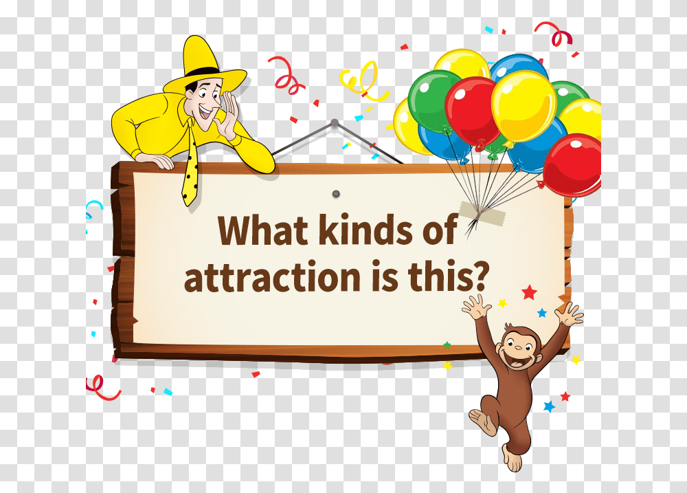 What Kinds Of Attraction Is This Curious George With Balloons, Person, Human Transparent Png