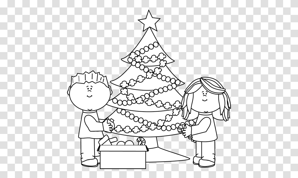 White Kids Decorating Christmas Tree Decorate Christmas Tree Clipart Black And White, Plant, Doodle, Drawing, Star Symbol Transparent Png